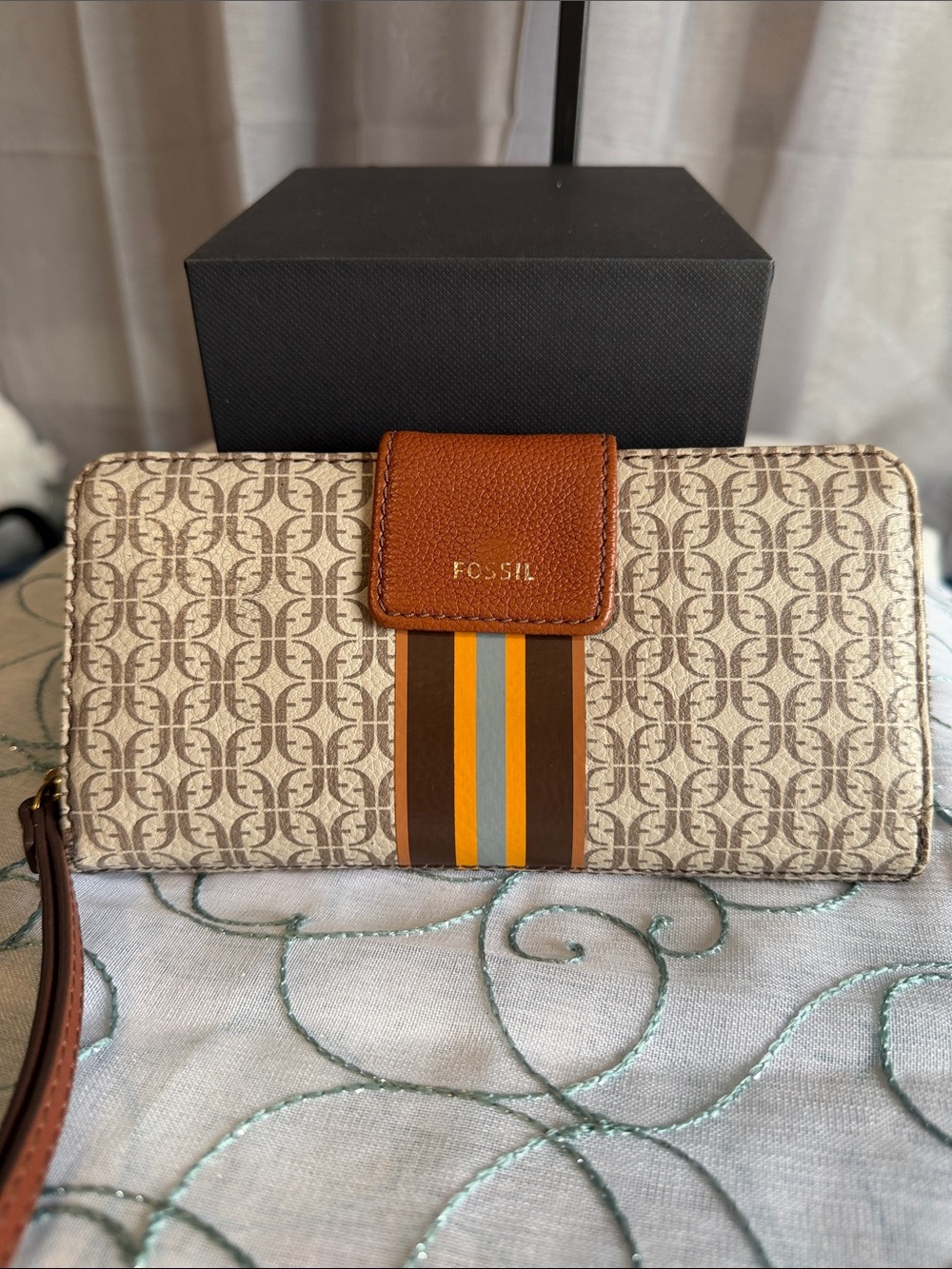 Fossil Beige Monogram Wallet with Brown Leather and Stripe Detail